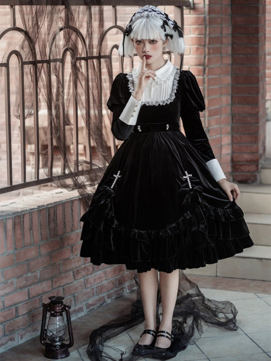 Black and White Elegant Juliette Sleeves Nun Lolita Dress