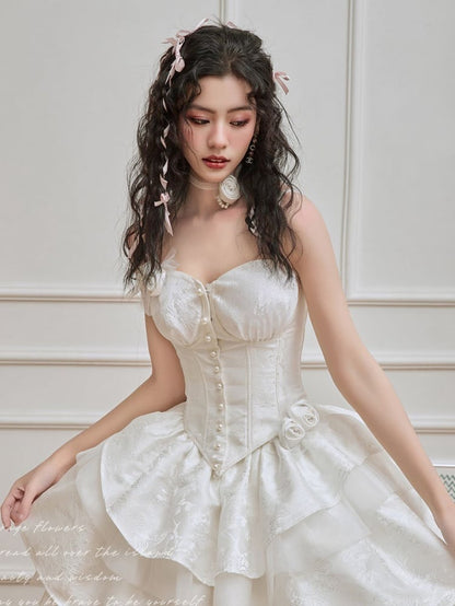 White Rosettes Brooch Boned Corset Top