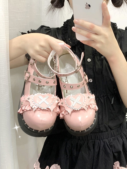 Sweetheart Sanctuary Heart-shaped Buckle Straps Chain Pink Lolita Platforms