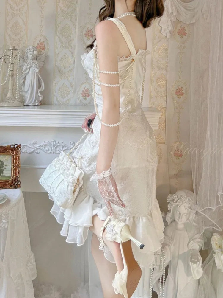 Rose Decoration Jacquard Hemline Mermaid Detail Ruffle JSK White Lolita Bead Camellia