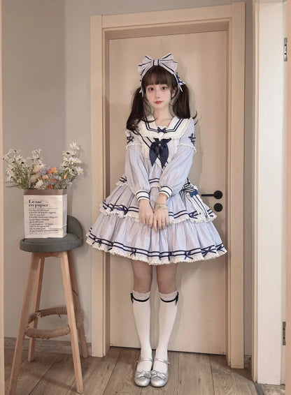 Striped Blue with Sleeves Detachable Lolita Collar Summer Dress Short Sailor