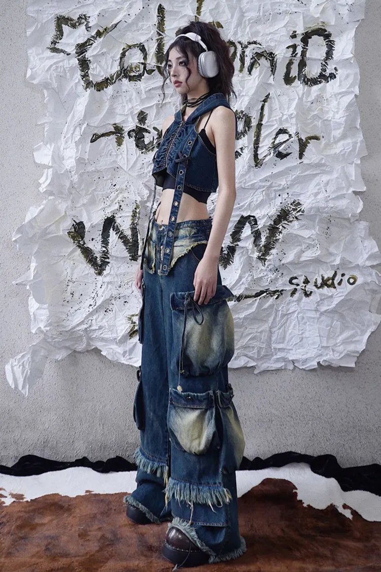 Cargo Punk Wash Wasteland Faded Pockets Jeans Wide Leg