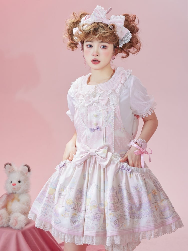 White and Pink Ruffle Trimming Peter Pan Collar Short Sleeves Blouse