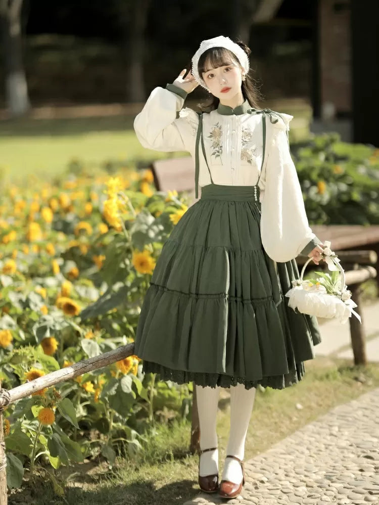 mit Stickerei Set Grün Stufenrock Sonnenblume Sonnenblumen Beige Charm + Bluse