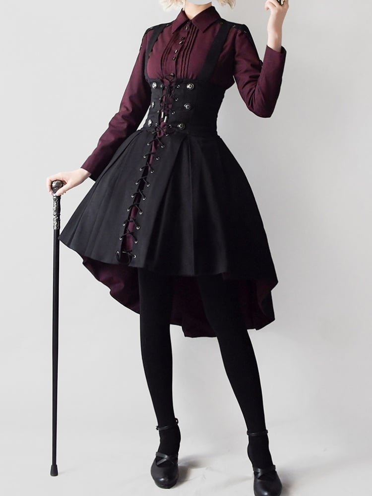 Dark Red Pleating Placket Black Patch Shirt