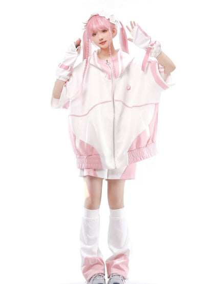 Landmine Style Zipper Sweatshirt Elbow-length Sleeves Jirai Kei Jacket without Hoodie