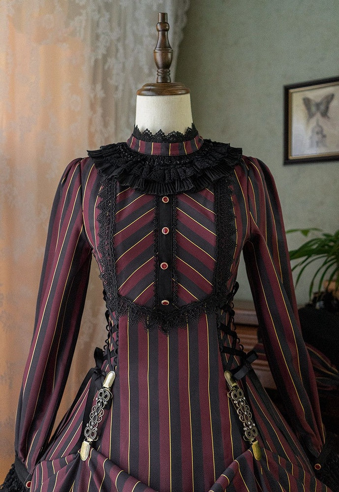 with Striped Lace-Up Gothic Petite Ruffle Collar Lolita Dress Waist