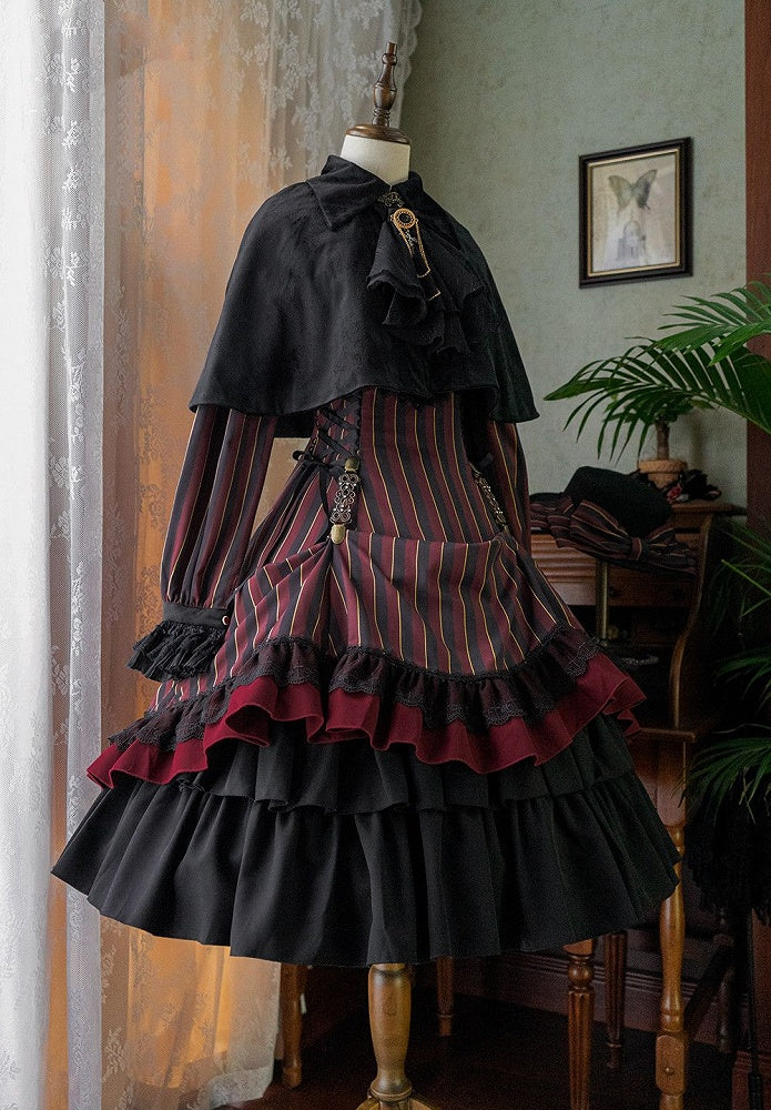 with Striped Lace-Up Gothic Petite Ruffle Collar Lolita Dress Waist