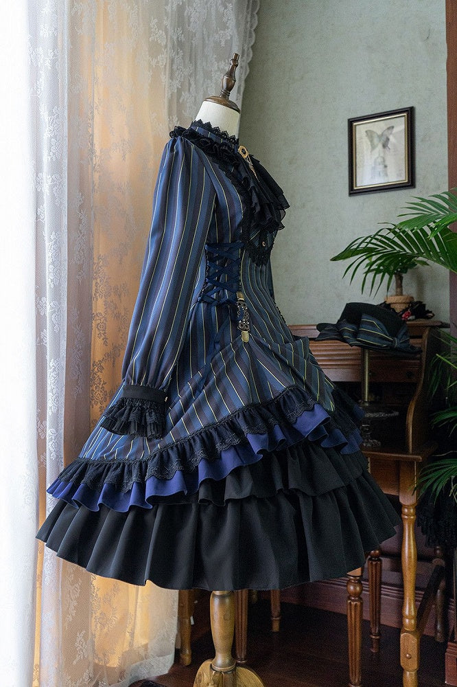 with Striped Lace-Up Gothic Petite Ruffle Collar Lolita Dress Waist