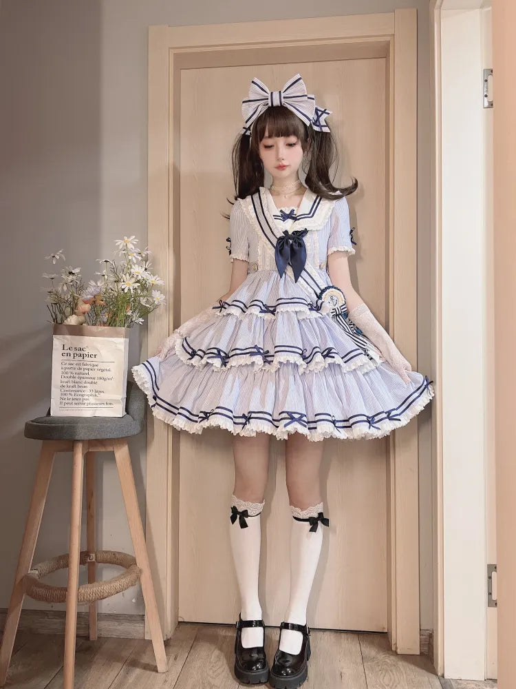 Striped Blue with Sleeves Detachable Lolita Collar Summer Dress Short Sailor