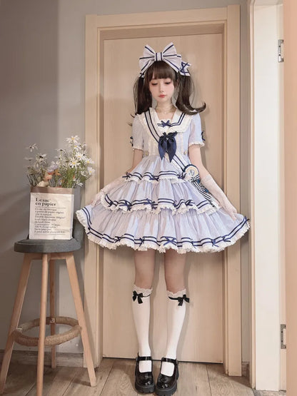 Striped Blue with Sleeves Detachable Lolita Collar Summer Dress Short Sailor