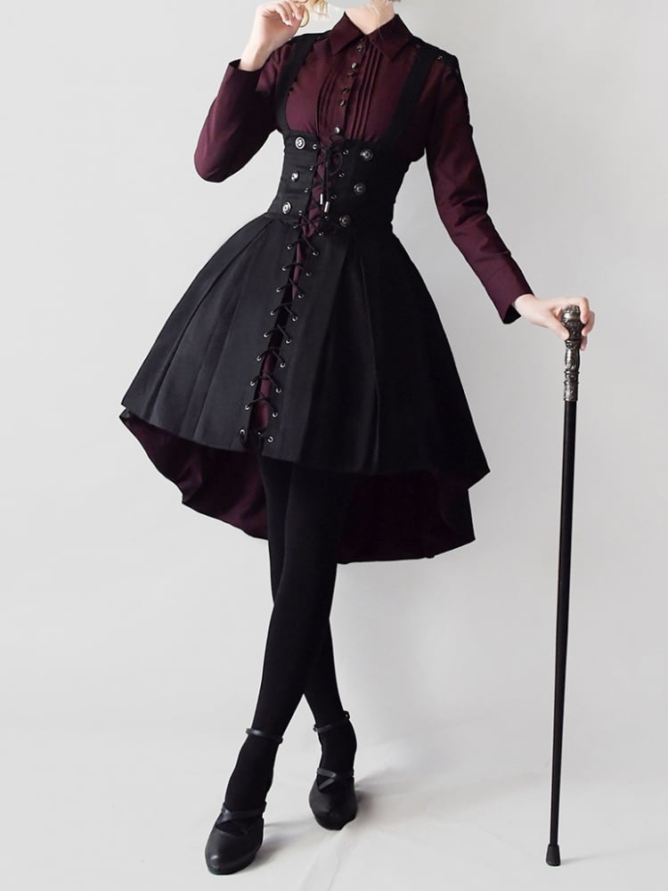 Dark Red Pleating Placket Black Patch Shirt