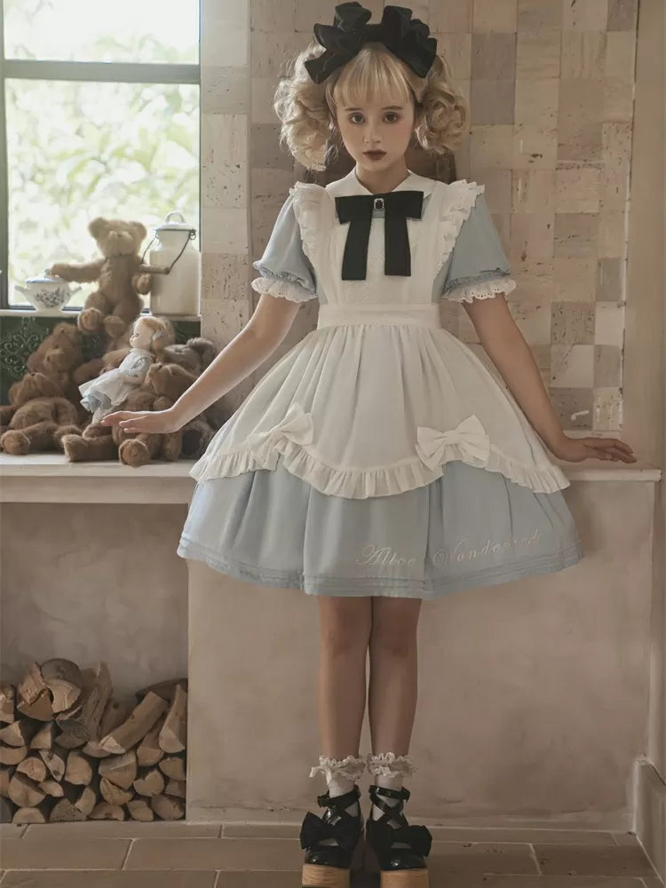 Robe de soubrette bleue Sax d'Alice au pays des merveilles avec tablier blanc