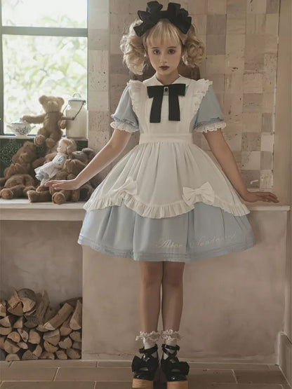 Robe de soubrette bleue Sax d'Alice au pays des merveilles avec tablier blanc