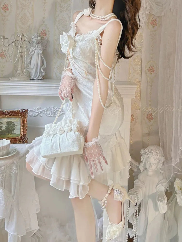 Rose Decoration Jacquard Hemline Mermaid Detail Ruffle JSK White Lolita Bead Camellia