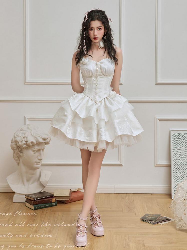 White Rosettes Brooch Boned Corset Top