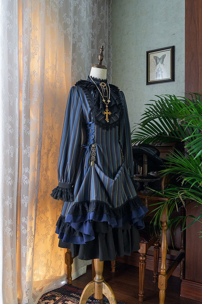 with Striped Lace-Up Gothic Petite Ruffle Collar Lolita Dress Waist