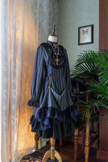 with Striped Lace-Up Gothic Petite Ruffle Collar Lolita Dress Waist