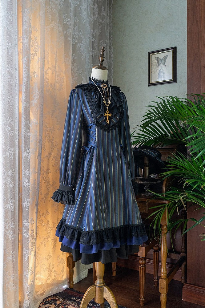 with Striped Lace-Up Gothic Petite Ruffle Collar Lolita Dress Waist