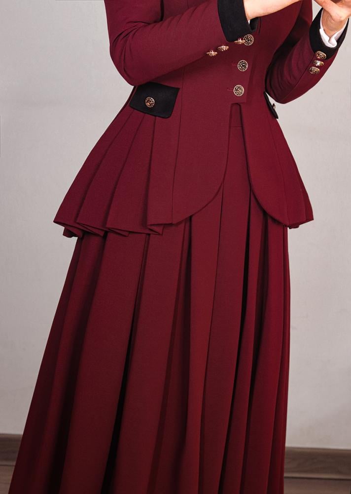 Plus Size Friendly-Wine Red Pleating Details Blazer Skirt Set