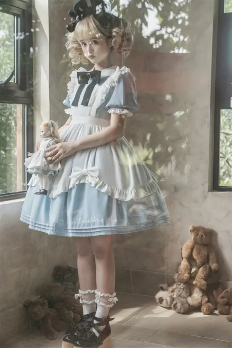 Robe de soubrette bleue Sax d'Alice au pays des merveilles avec tablier blanc