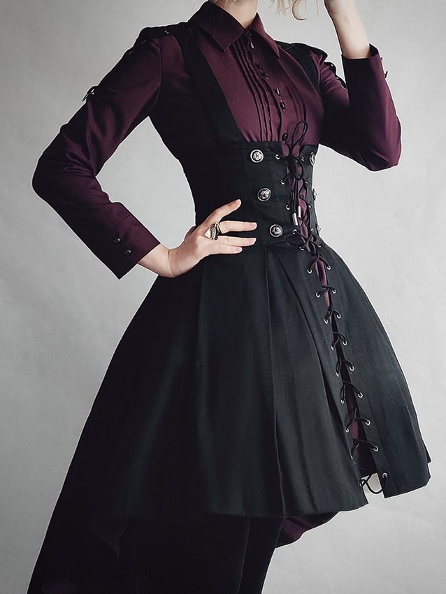 Dark Red Pleating Placket Black Patch Shirt