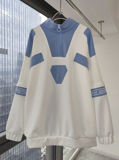 Kaiwai Tenshi Design Blau Licht Zip Sweatshirt Weiß Ärmeln und