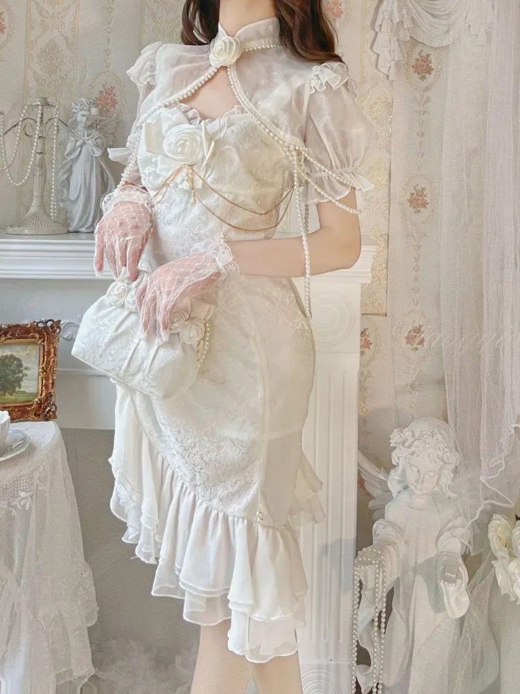 Rose Decoration Jacquard Hemline Mermaid Detail Ruffle JSK White Lolita Bead Camellia