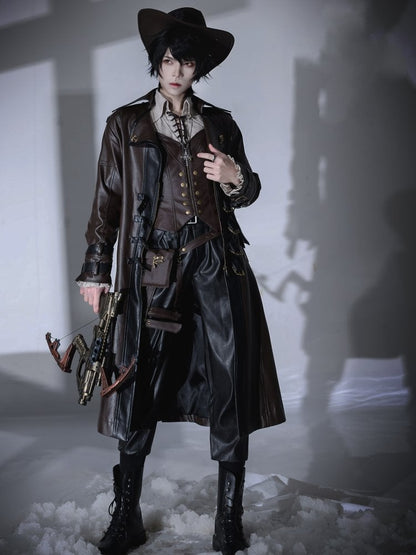 Midnight Hunter Brown Steampunk Lolita PU Leather Trench Coat