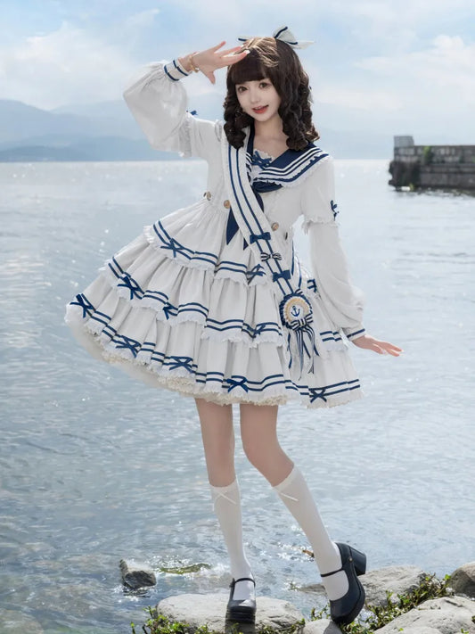 Full Sailor Lolita Skirt Set Summer Dress Tiered White OP