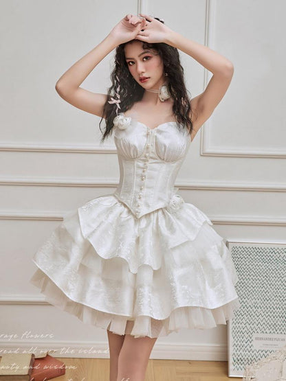 White Rosettes Brooch Boned Corset Top