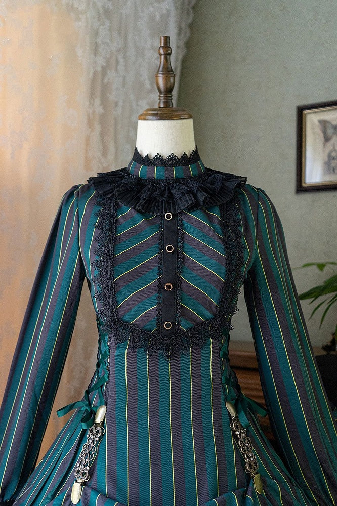 with Striped Lace-Up Gothic Petite Ruffle Collar Lolita Dress Waist