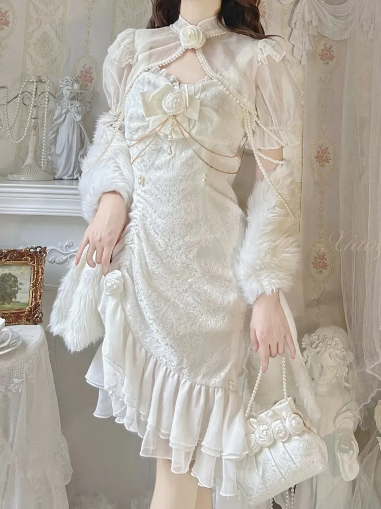 Rose Decoration Jacquard Hemline Mermaid Detail Ruffle JSK White Lolita Bead Camellia