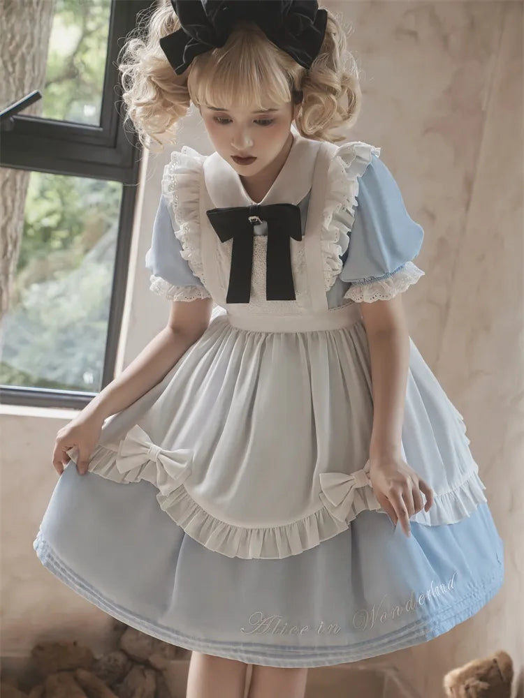 Robe de soubrette bleue Sax d'Alice au pays des merveilles avec tablier blanc