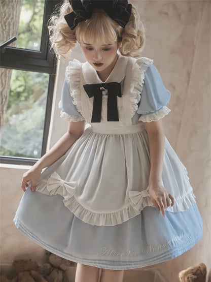 Robe de soubrette bleue Sax d'Alice au pays des merveilles avec tablier blanc