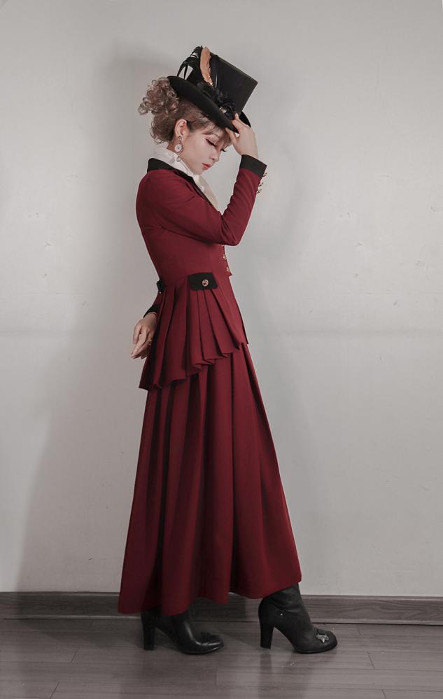 Plus Size Friendly-Wine Red Pleating Details Blazer Skirt Set