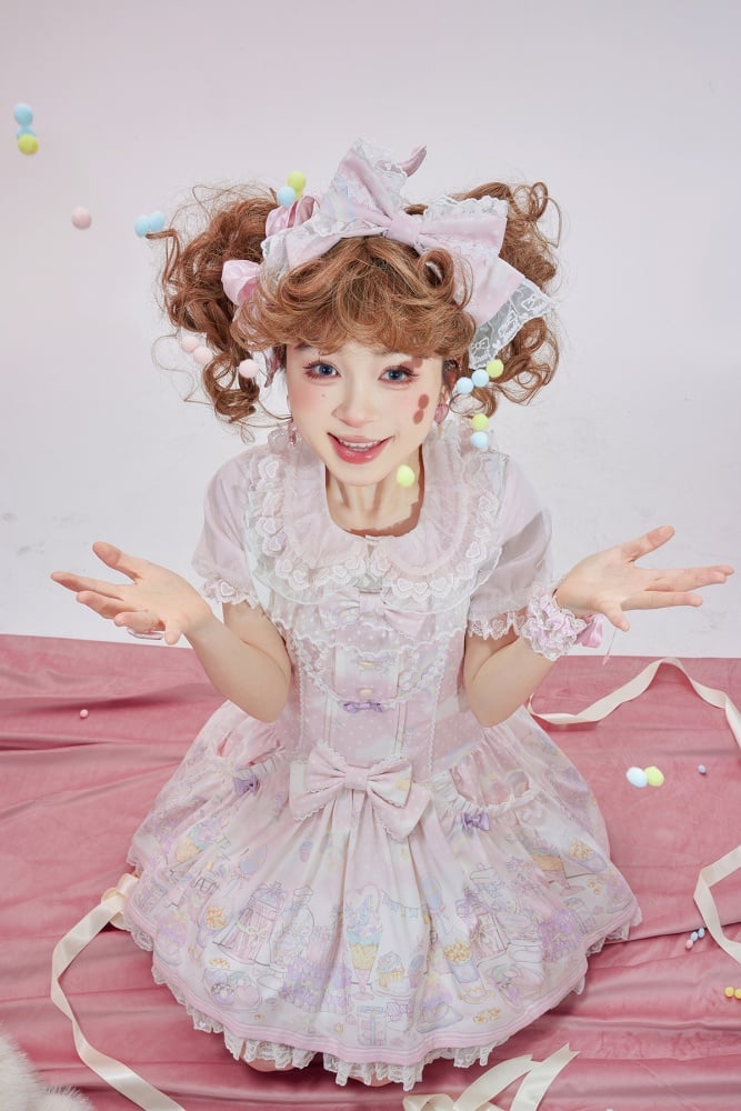 Robe salopette à capuche amovible Sweet Lolita rose licorne et dessert