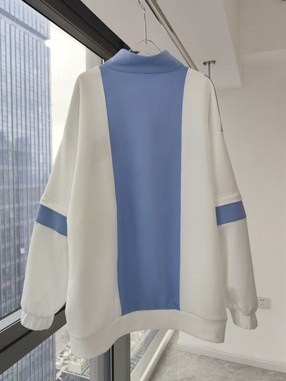 Kaiwai Tenshi Design Blau Licht Zip Sweatshirt Weiß Ärmeln und
