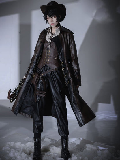 Midnight Hunter Brown Steampunk Lolita PU Leather Trench Coat