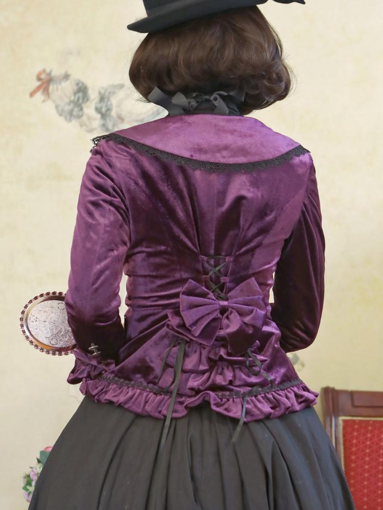 Dark Purple Lace-up Velvet Jacket and Black Vintage Skirt Set