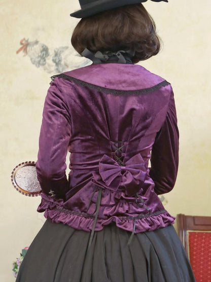 Dark Purple Lace-up Velvet Jacket and Black Vintage Skirt Set