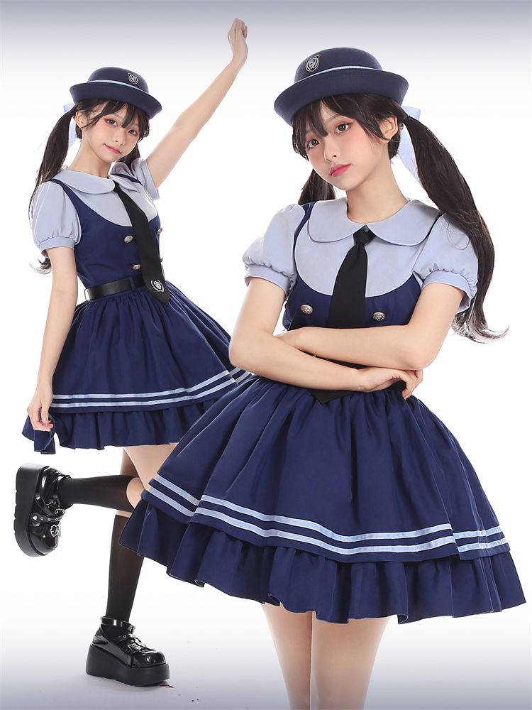 Robe bleu marine à col Claudine et manches courtes, faux deux-pièces