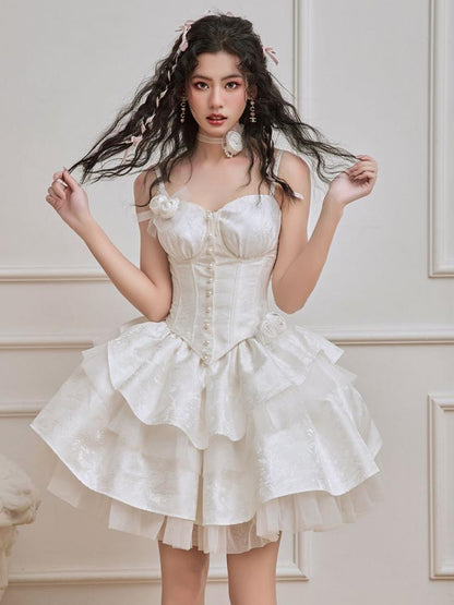 White Rosettes Brooch Boned Corset Top