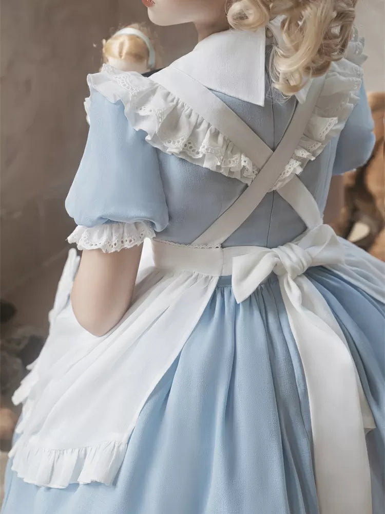 Robe de soubrette bleue Sax d'Alice au pays des merveilles avec tablier blanc