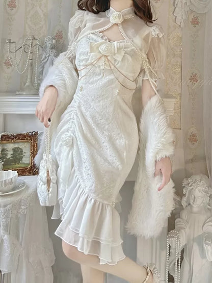 Rose Decoration Jacquard Hemline Mermaid Detail Ruffle JSK White Lolita Bead Camellia