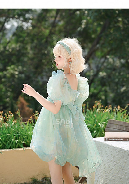 Green Short/Long Sleeves Short Bow with Sweet Detachable Version Dress Big