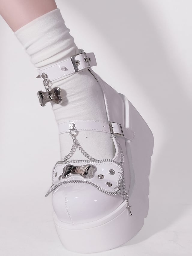 Metal Bones Decorated White Platforms Punk Shoes