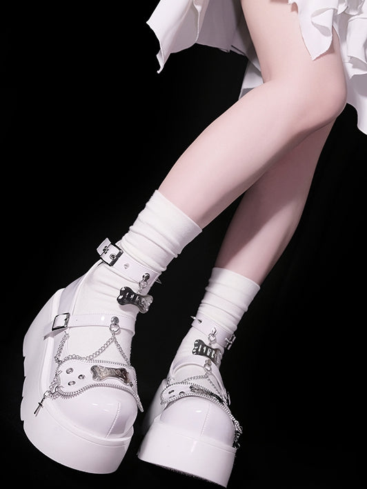 Metal Bones Decorated White Platforms Punk Shoes