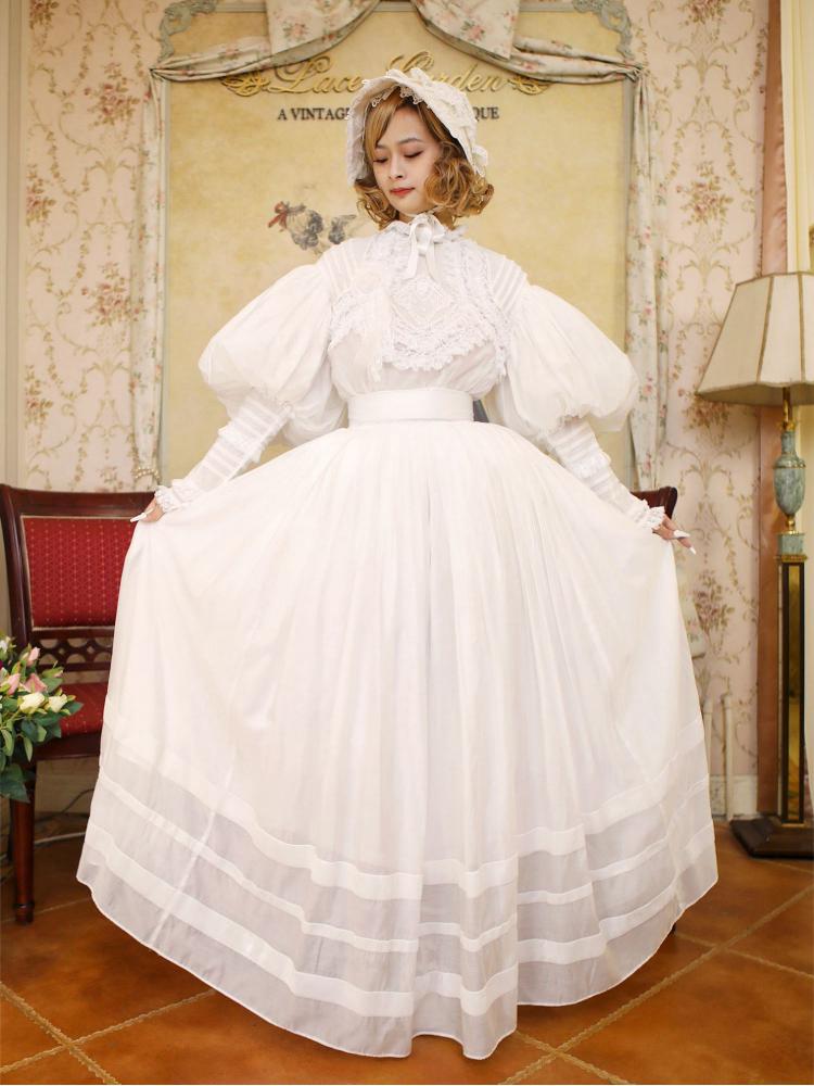 White Leg-of-Mutton Sleeves Blouse and White  Skirt Long Set