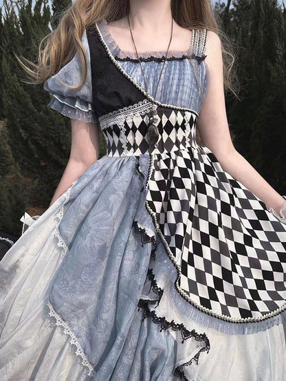 Blue Asymmetrical Design Checkerboard Pattern Lolita Dress Long Version